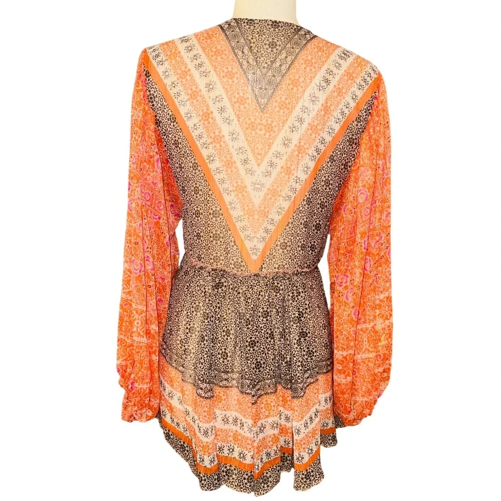 P2 Free People Aliyah Peasant Tunic Top Orange Mixed Print Metallic Boho Medium - Picture 5 of 7